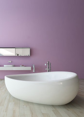 White bathtub against violet wall
