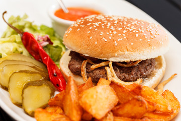 burger with mug of beer