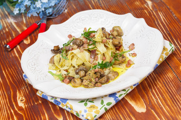 Pasta. Carbonara Fettuccine with bacon and mushroom