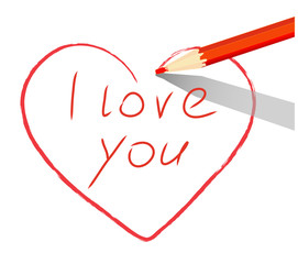 Red heart drawn with pencil I love you