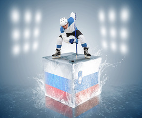 Russia - Slovenia game. Face-off player on the ice cube.