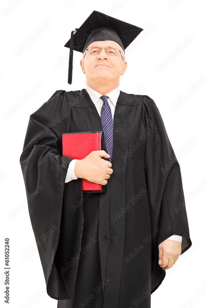 Poster proud male college professor holding books and standing