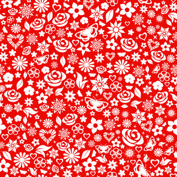 Seamless pattern of flowers, white on red