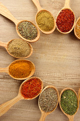 Assortment of spices in wooden spoons on wooden background