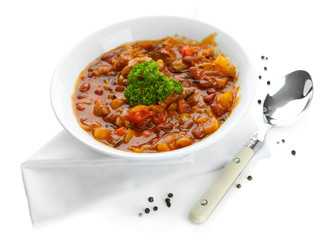 Chili Corn Carne - traditional mexican food, isolated on white