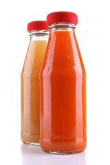 Baby food (juices) in glass jars, isolated on white