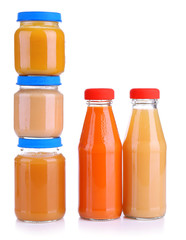 Baby food in glass jars, isolated on white
