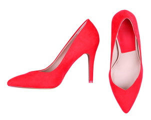 Beautiful red female shoes, on purple background