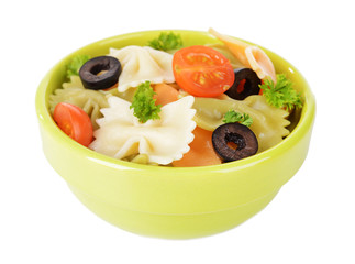 Delicious pasta with tomatoes on plate isolated on white