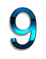nine, illustration of  number with blue chrome effects on white