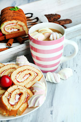Cup of cappuccino and sweets close up