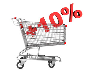 shopping cart with plus 10 percent sign isolated on white backgr