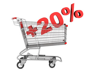 shopping cart with plus 20 percent sign isolated on white backgr