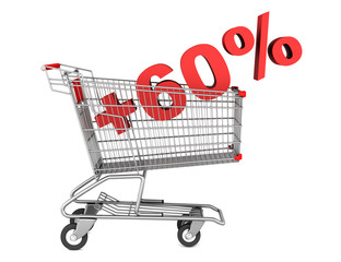 shopping cart with plus 60 percent sign isolated on white backgr