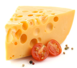 Piece of cheese and tomatoes, isolated on white