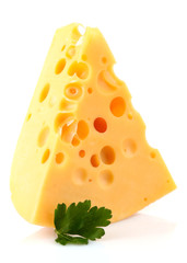 Piece of cheese on plate, isolated on white