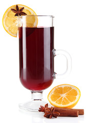 Mulled wine with lemon and spices isolated on white