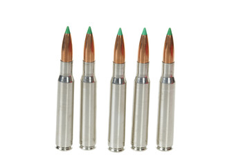 Modern chromed coated brass 30.06 Sringfield ammunition with a platic Ballistic tip isolated over white