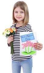 Beautiful little girl holding bouquet and card isolated on