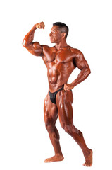 Bodybuilder posing on a white background