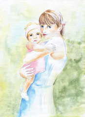 A young mother with a baby in her arms. Watercolor illustration