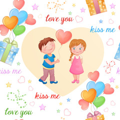 Seamless pattern with cute boy and girl and gift boxes