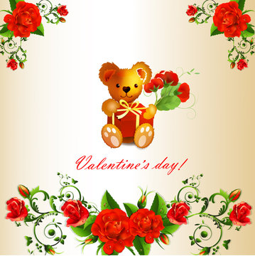 Valentine ' s card with Teddy bear and roses