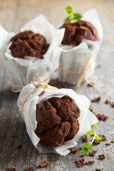 Chocolate muffins with coffee and chocolate.