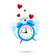 Alarm clock ringing with jumping hearts all around isolated