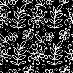 Black and white floral Doodles  Seamless Pattern