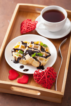 Belgian waffle with chocolate raspberry and hearts for Valentine