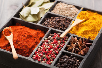 spices in box: pink and black pepper, paprika powder, curry, bay