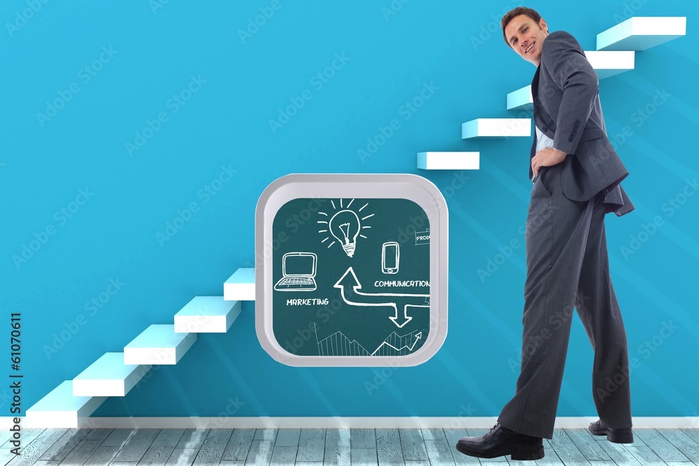 Poster composite image of happy businessman with hands on hips
