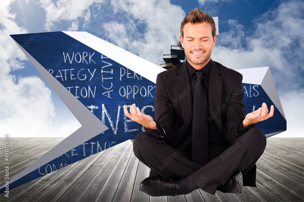 Poster composite image of happy man doing yoga exercises