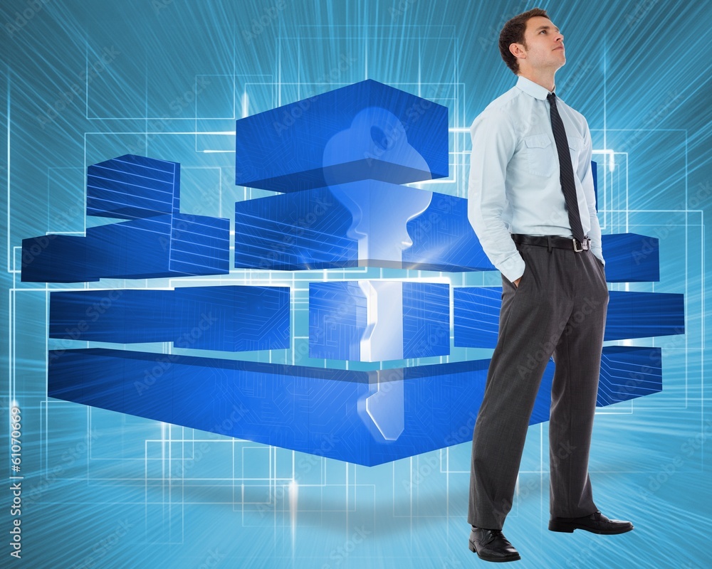 Poster composite image of serious businessman standing with hands in