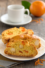 Fragrant biscotti with orange and macadamia nuts.