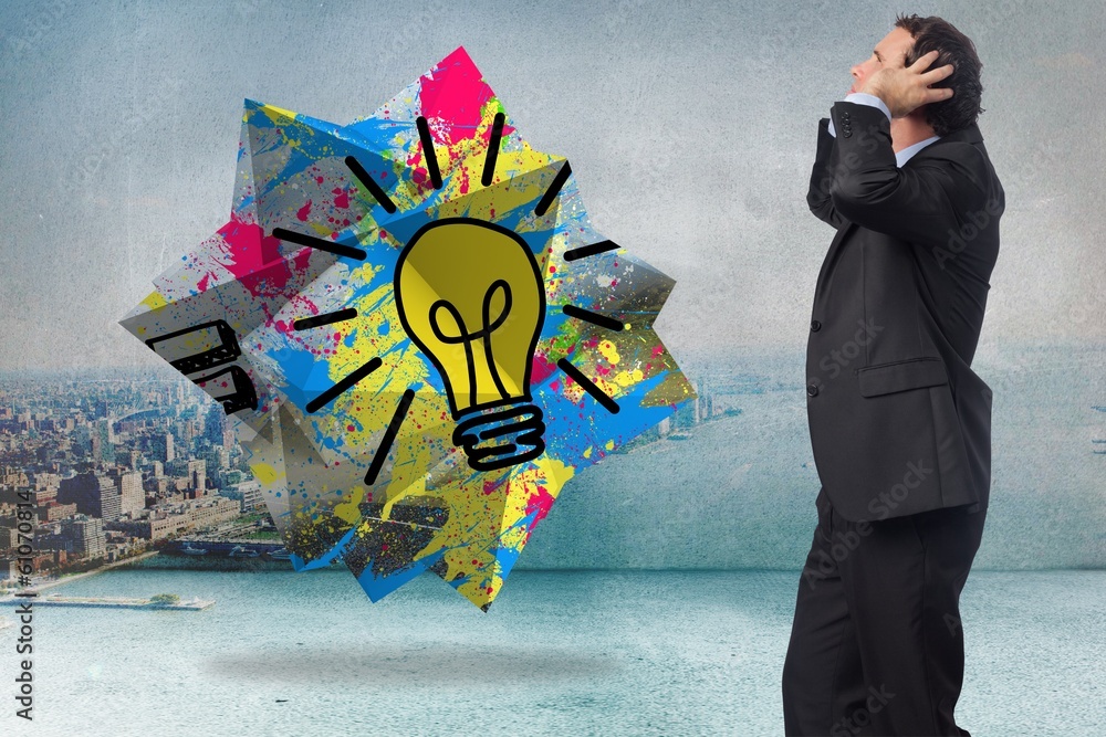Poster composite image of stressed businessman with hands on head