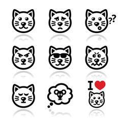 cat icons set - happy, sad, angry isolated on white