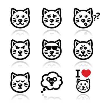 cat icons set - happy, sad, angry isolated on white