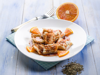 salted cod with orange juice and fennel seeds, selective focus