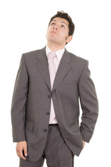 Hispanic thinking man isolated on white background.