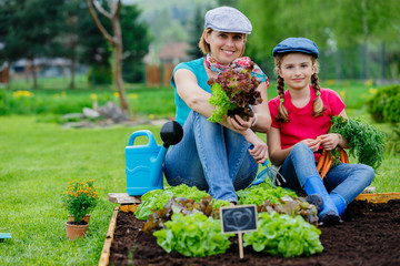 Gardening -  girl with mother working in the garden