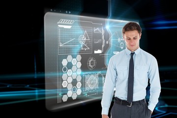 Composite image of serious businessman standing with hand in poc