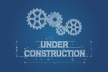 Under construction blueprint, technical drawing with gear wheel