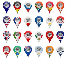 3D set of domain pin-pointers with various countries flags