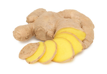 Sliced ginger on white background