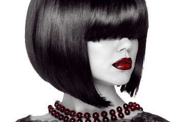 Fashion Woman with Black short hair style. Girl with fringe over