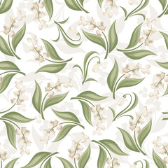 Seamless pattern with lily of the valley and snowdrop flowers.