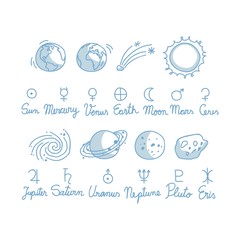 Astronomy set with symbols and various objects