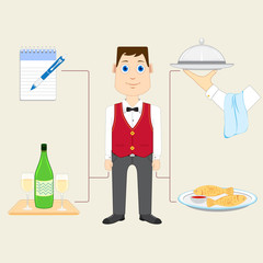 vector illustration of waiter with food and drink